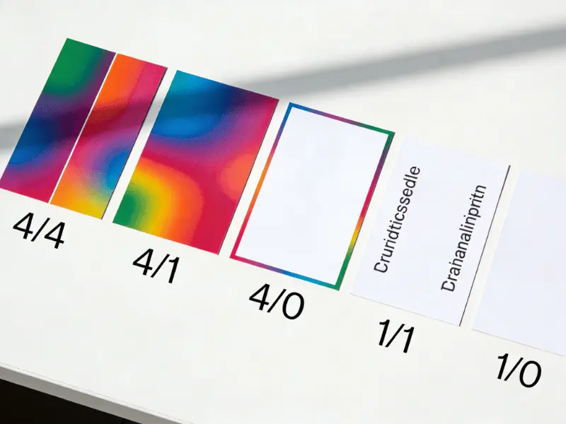 Five printed card samples laid out on a white table showing the visual difference between 4/4, 4/1, 4/0, 1/1, and 1/0 printing color configurations Five printed card samples laid out on a white table showing the visual difference between 4/4, 4/1, 4/0, 1/1, and 1/0 printing color configurations