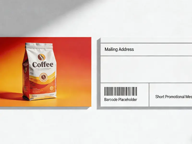Front and back of a promotional postcard showing full-color product photography on the front (4-color) and simple black text on the back (1-color), demonstrating 4/1 printing Front and back of a promotional postcard showing full-color product photography on the front (4-color) and simple black text on the back (1-color), demonstrating 4/1 printing