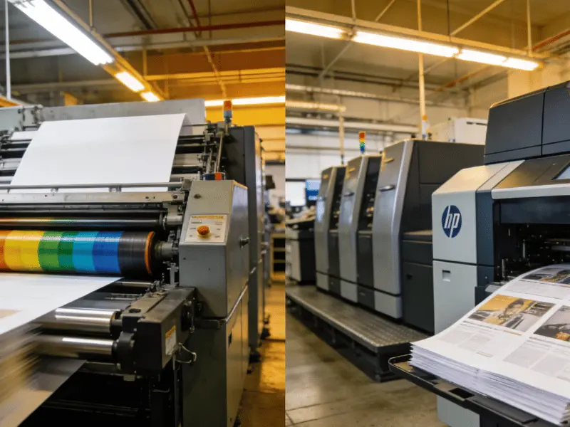 Side-by-side comparison of an offset printing press with visible CMYK ink rollers and a digital printing press, illustrating the two main commercial printing methods Side-by-side comparison of an offset printing press with visible CMYK ink rollers and a digital printing press, illustrating the two main commercial printing methods