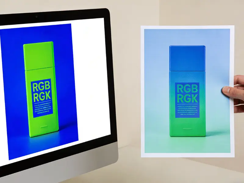 Comparison of the same image in RGB on a computer screen versus CMYK on a printed sheet, showing how bright blues and greens shift and appear muted after color conversion for print Comparison of the same image in RGB on a computer screen versus CMYK on a printed sheet, showing how bright blues and greens shift and appear muted after color conversion for print