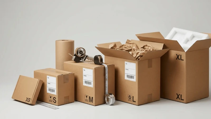 Standard corrugated shipping boxes in multiple sizes arranged from small to large for ecommerce packaging Standard corrugated shipping boxes in multiple sizes arranged from small to large for ecommerce packaging